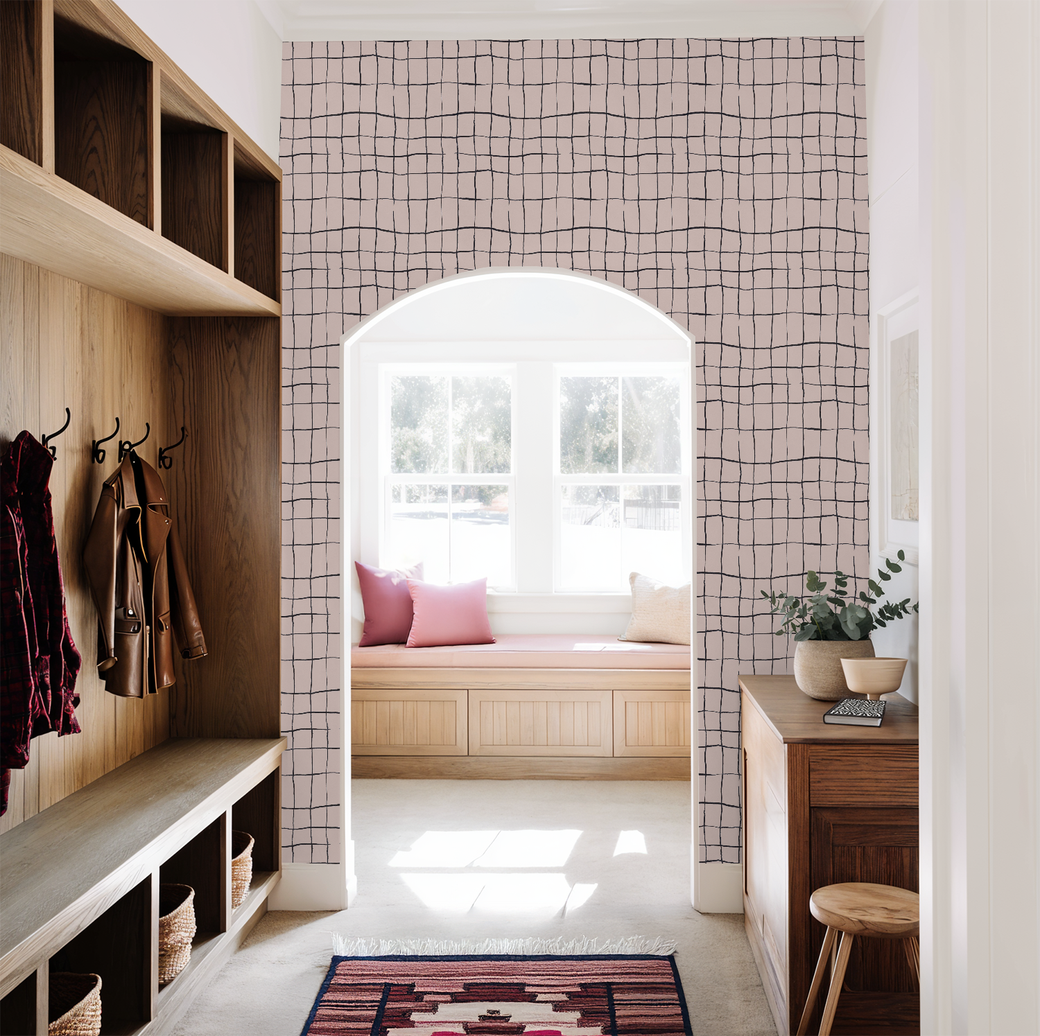 Broken Grid in blush and smoke, Wallpaper