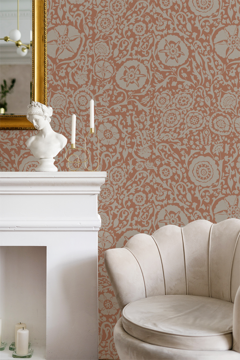 Suzani floral in peach, Wallpaper