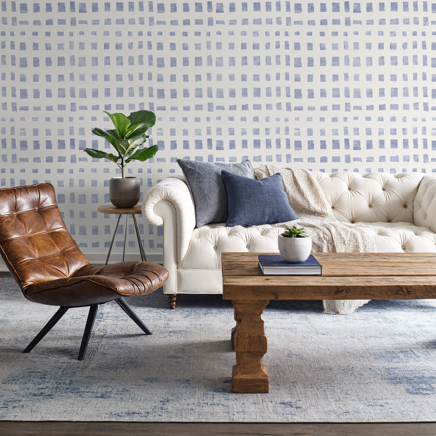 Tidal Grid in Blue, Wallpaper Grasscloth