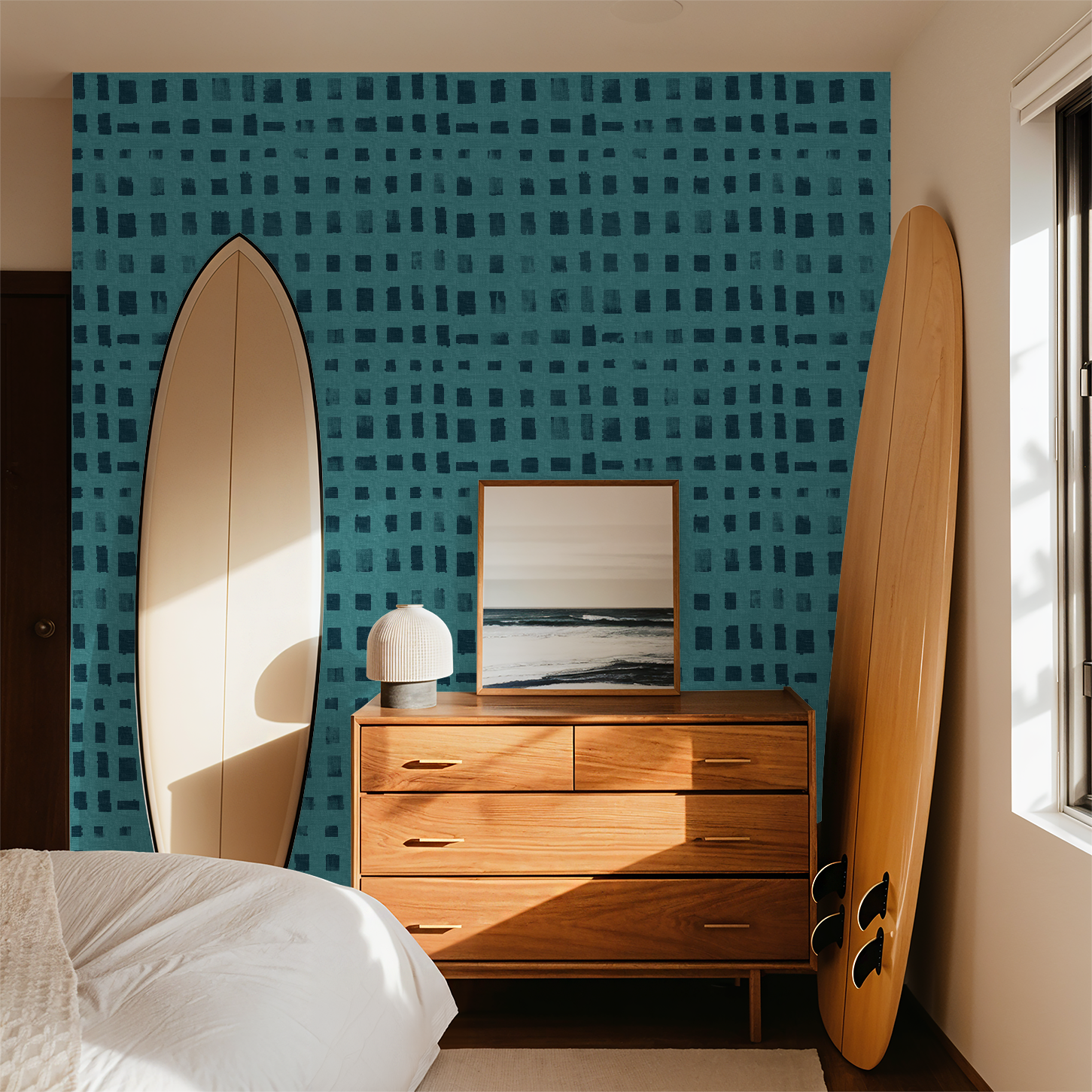 Washed squares in teal, wallpaper