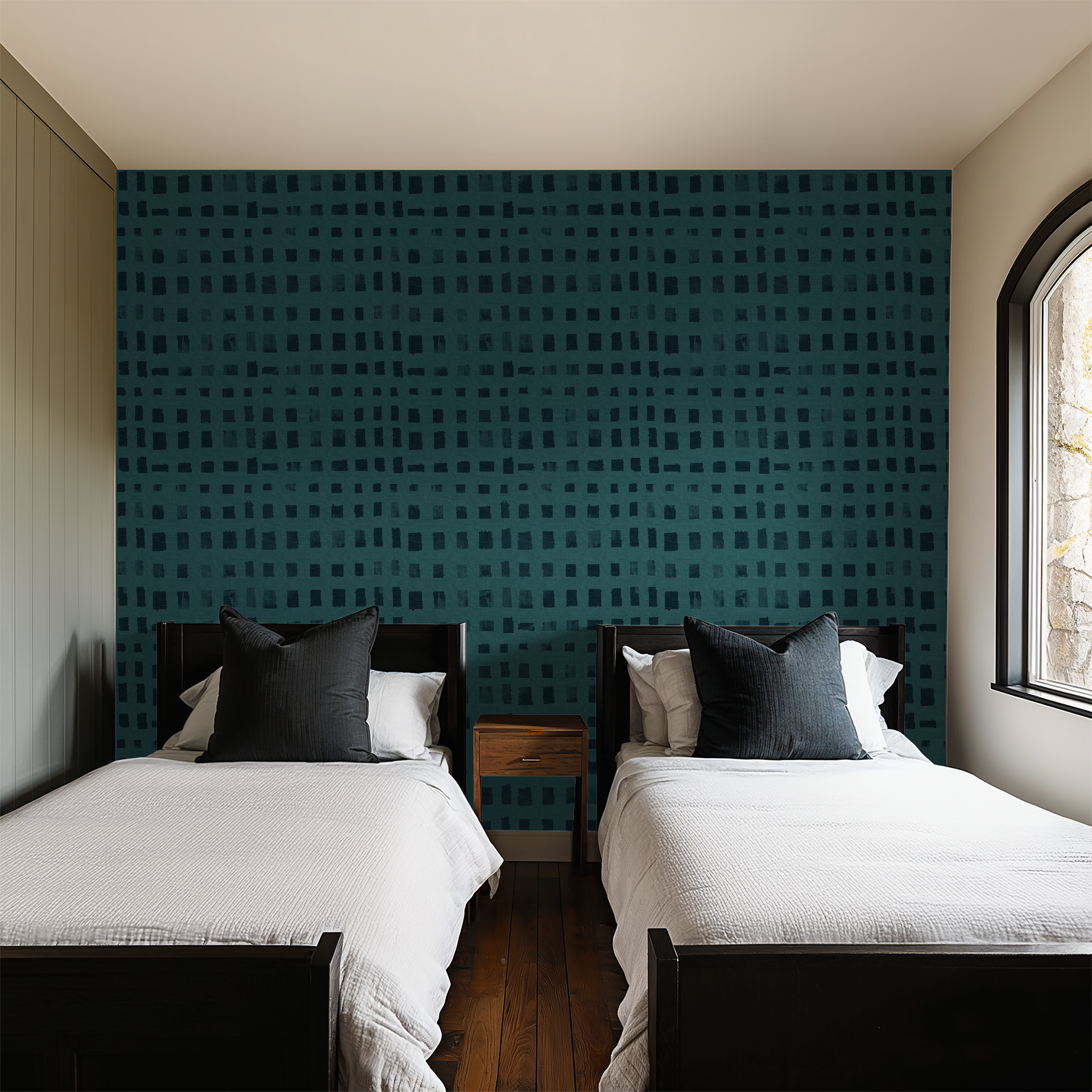 Washed squares in teal, wallpaper