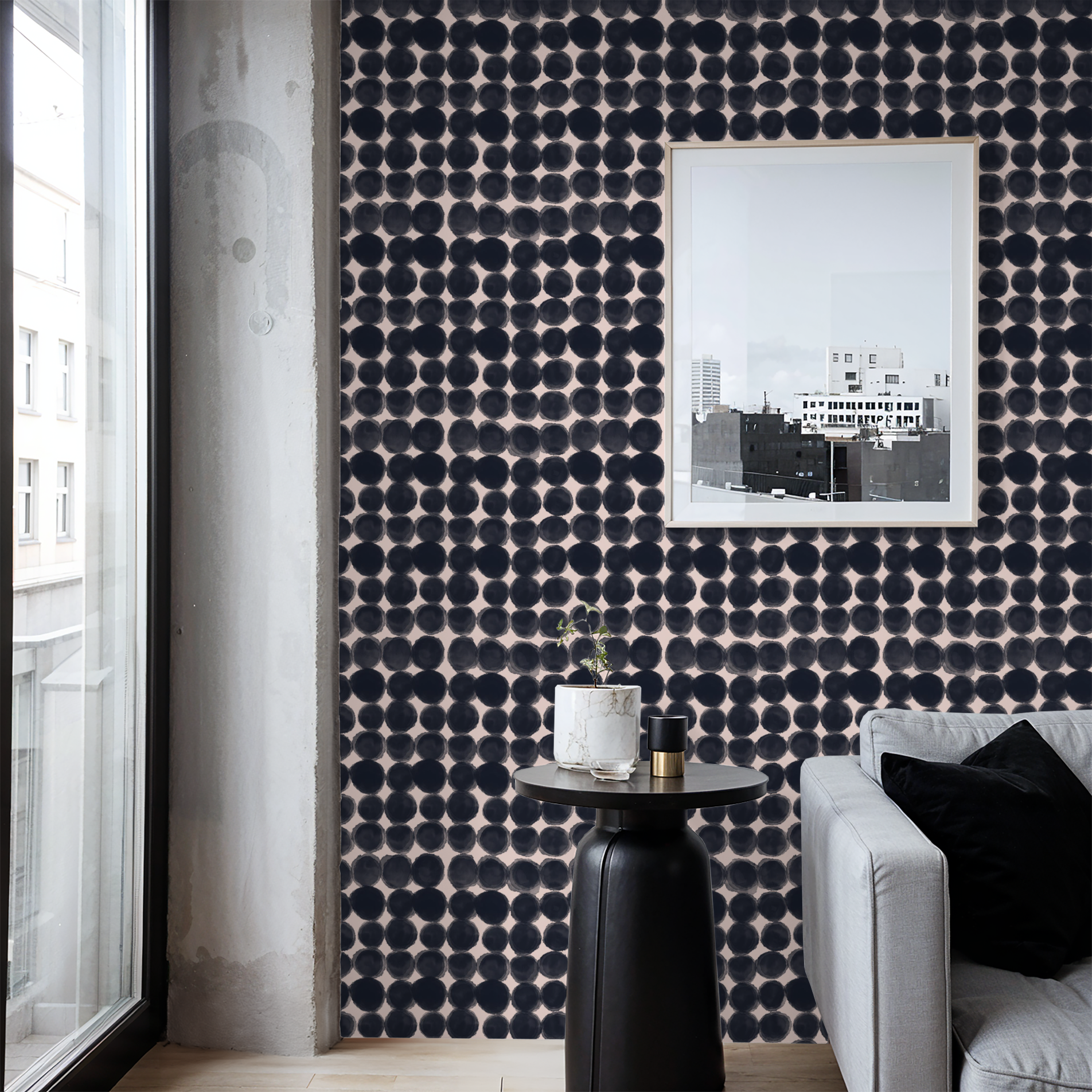 black watercolor wallpaper in modern apartment