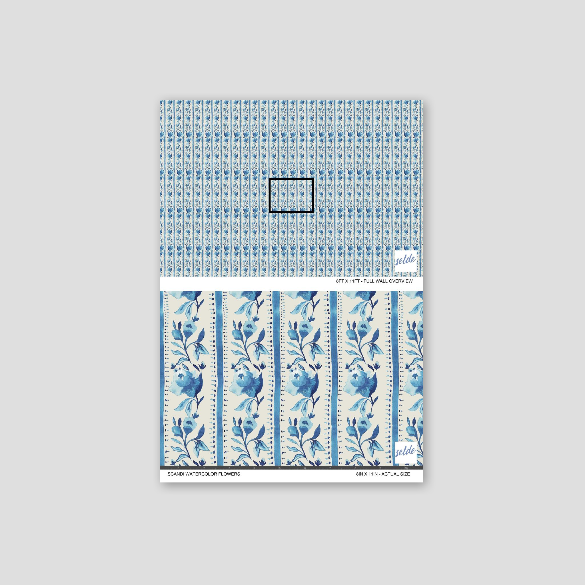 Blue floral watercolor wallpaper sample with vertical stripes and botanical design.