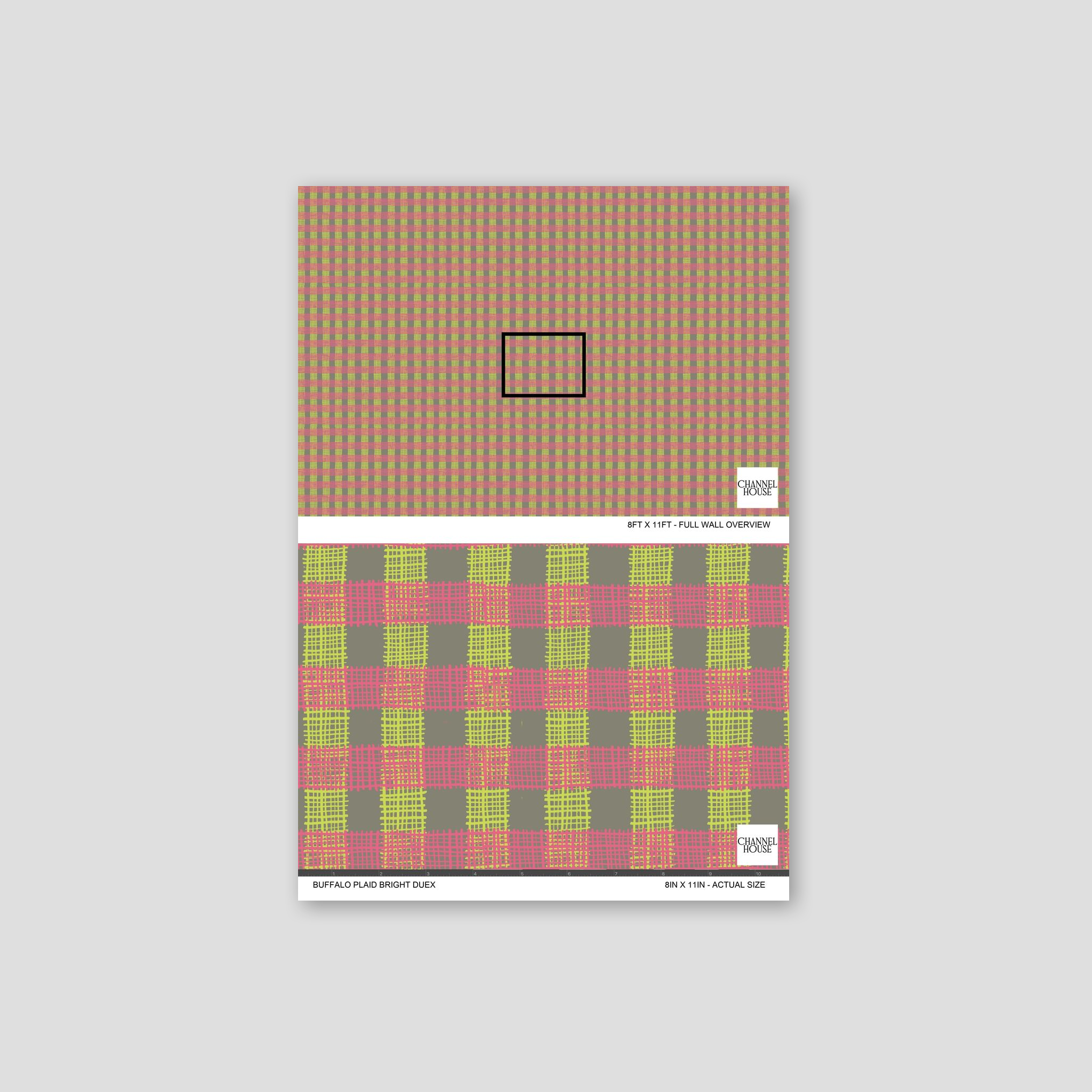 Bright pink and lime green plaid wallpaper sample with textured surface.