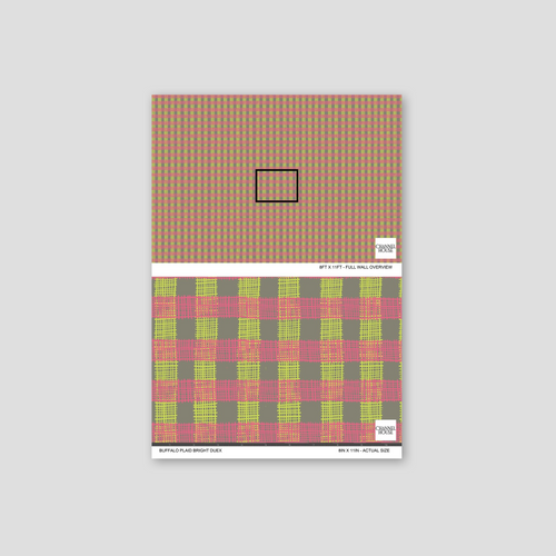 Bright pink and lime green plaid wallpaper sample with textured surface.