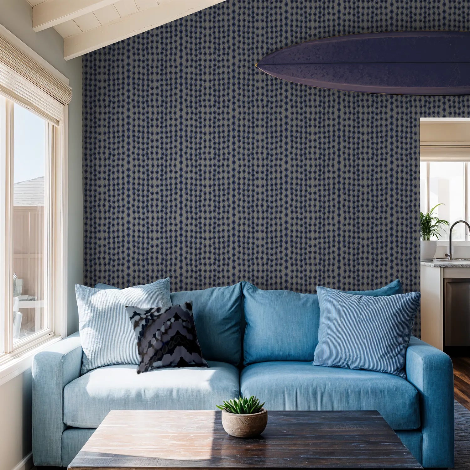 Dancing Ikat in Indigo, Wallpaper