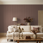 Maroon striped wallpaper in elegant living room with beige sofa and decor.