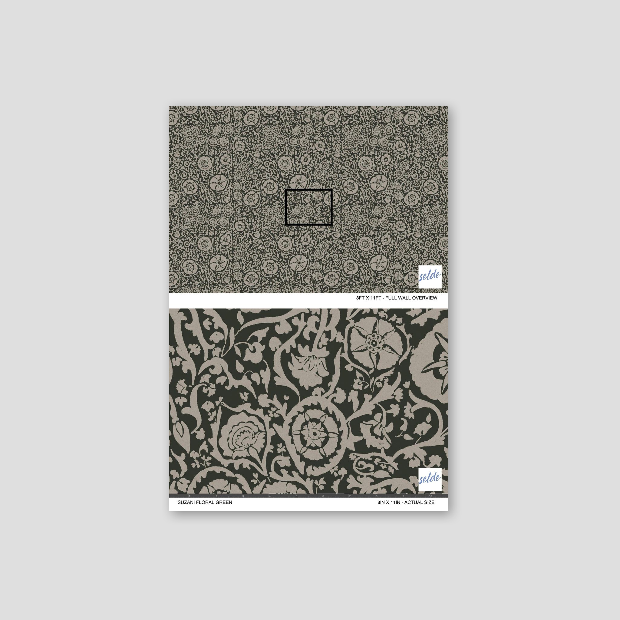 Suzani floral green wallpaper with intricate patterns on a black background.